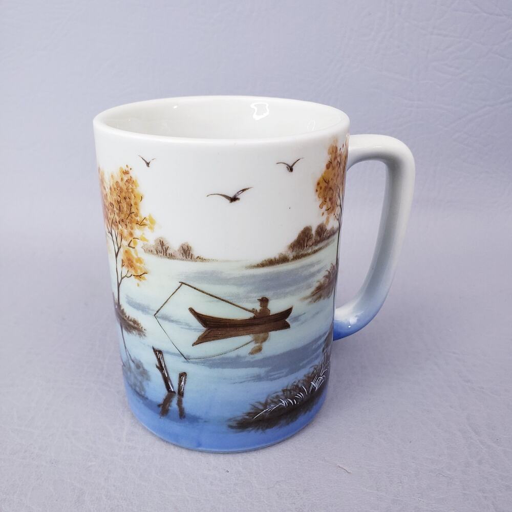 Vintage Otagiri Ceramic Mug Lake Scene w/ Fisherman & Ducks Made in Japan